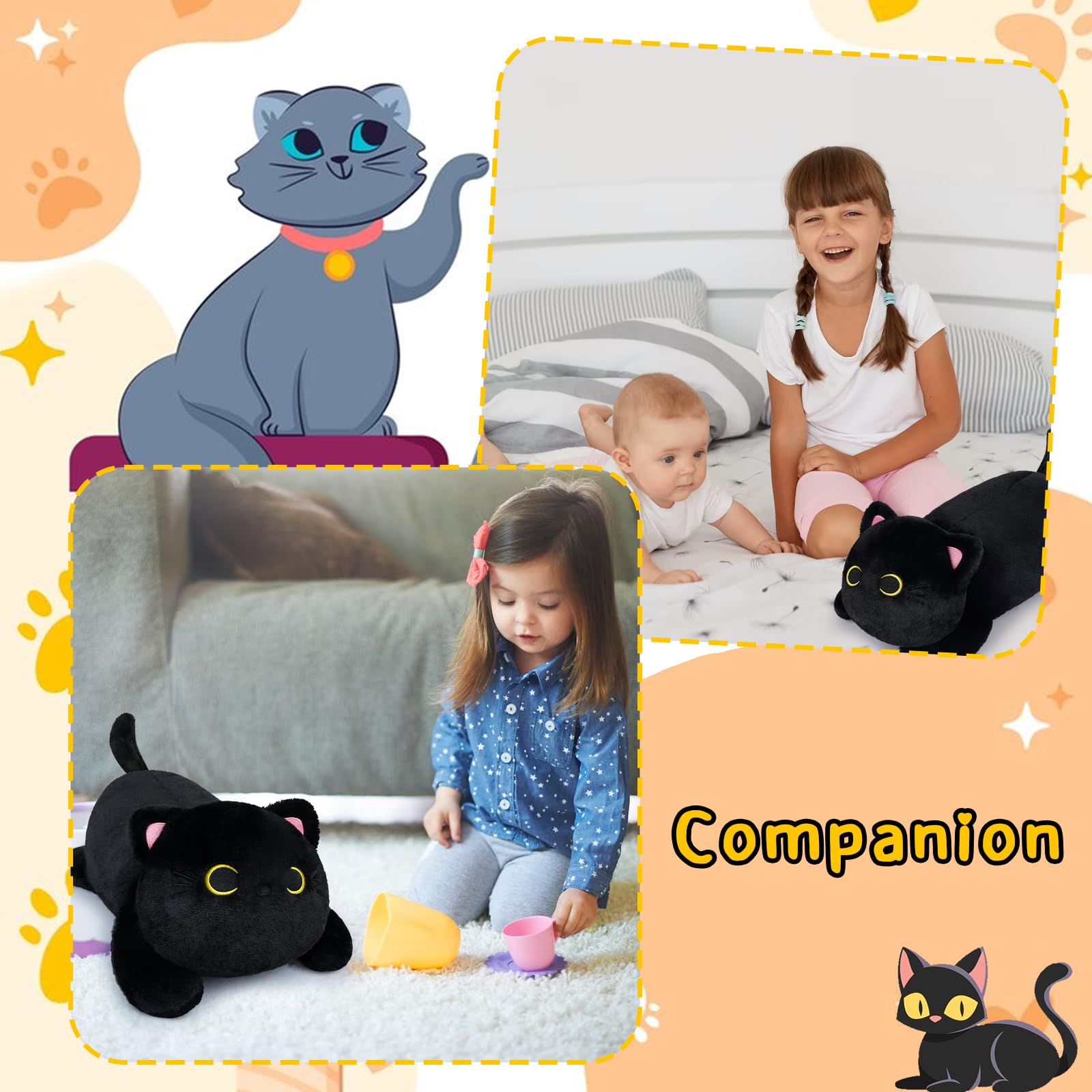 Leokawin 18in Weighted Stuffed Animals, Cute Weighted Black Cat Plush, Kawaii Cat Plush Toy, Soft Black Cat Weighted Plush Throw Pillow Gift for Kids Christmas