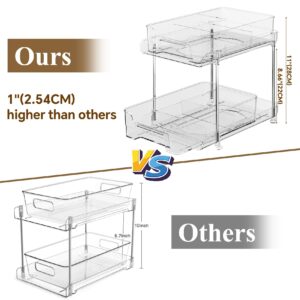 Under Sink Organizer, 2 Packs Bathroom Organizers and Storage,Stackable Multi-purpose 2 Tier Pull out Clear Medicine Cabinet Drawer Bins for Bathroom, Kitchen, Pantry, Closet, Countertop with Deviders