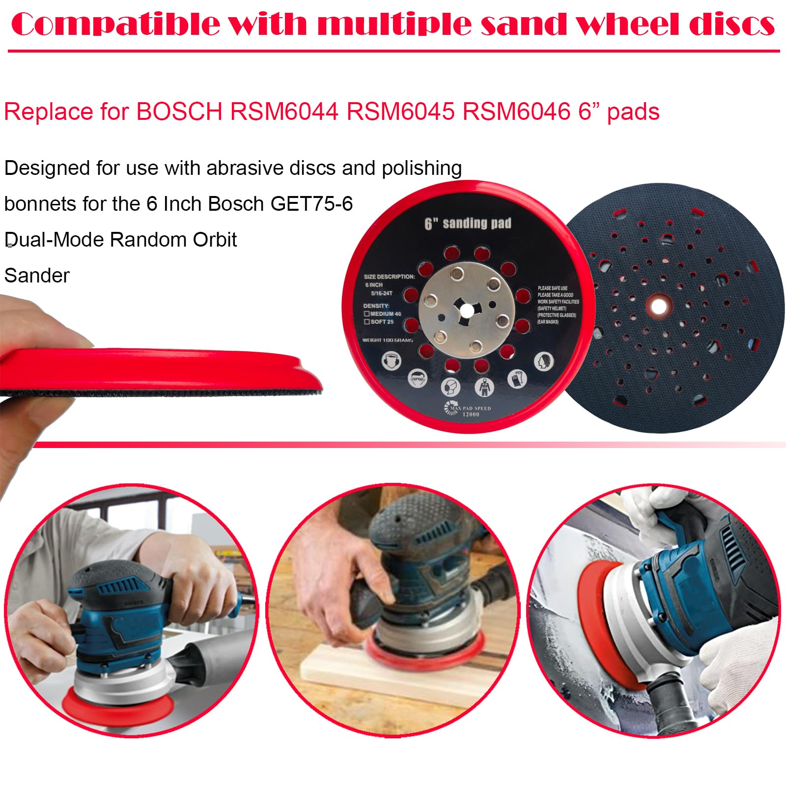 6 Inch Replacement Sander Pad for Bosch GET75-6N Sander - 6" Hook and Loop Sanding Pad Multi-Hole Grinding Plate Pad Replace for RSM6044 RSM6045 RSM6046 Sander Pad