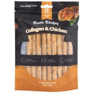 wild eats collagen chews for dogs, real chicken, dog chews long lasting, rawhide free -15 pack collagen sticks for large, medium, and small dogs