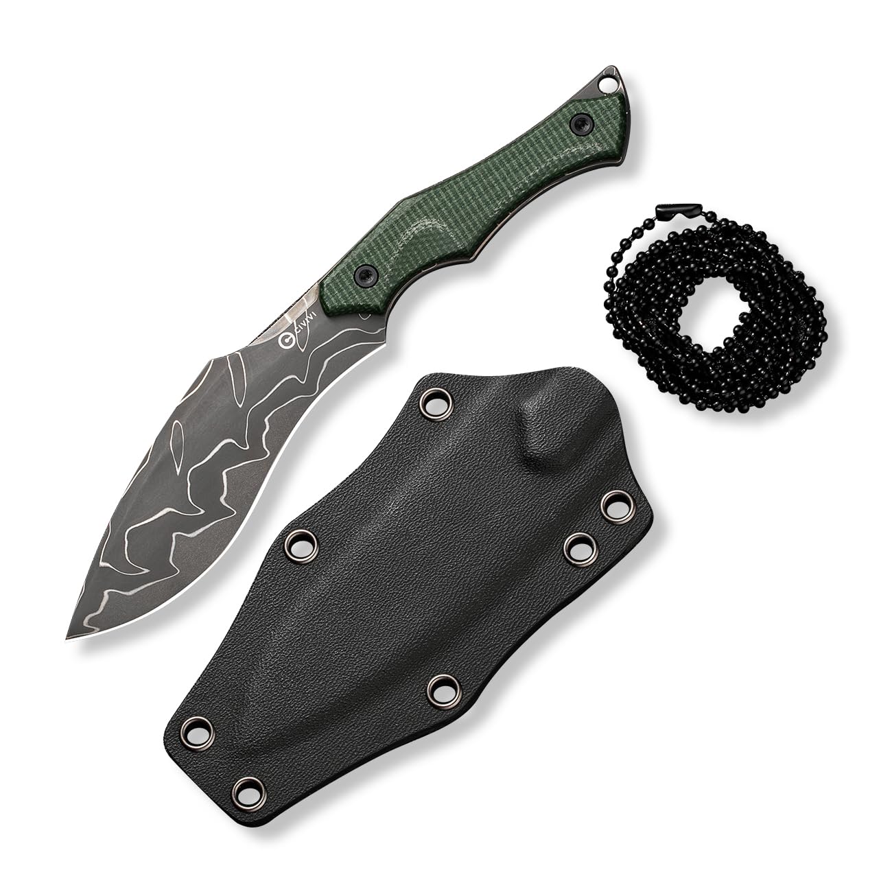 CIVIVI Vaquita II Neck knife, Small Full Tang Fixed Blade Knife with 3.2" Damascus Blade Canvas Micarta Handle, Mini Kuri Knife with a Kydex Sheath and a Chain, Designed by Nate Matlack C047C-DS2