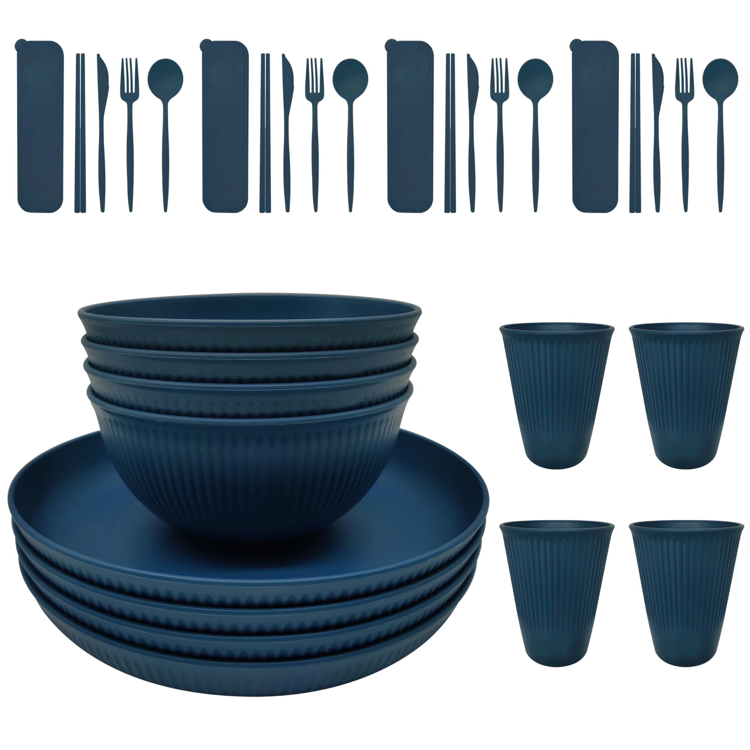 Wheat Straw Plastic Dinnerware set 32 piece Unbreakable plates and bowls sets for 4 Dishwasher Microwave Safe Dinnerware sets (Blue 32PCS)