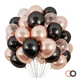 rubfac 120pcs 12 inches black and rose gold balloon kit, rose gold confetti balloons for valentine's day, birthday party wedding graduation engagement party decorations