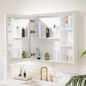 WELLFOR 42"x 30" Bathroom Medicine Cabinet with Mirror, Wall Mounted Storage Cabinet for Bathroom, Mirror Cabinet with Open/Built-in Shelves and Single Door, Bathroom Wall Cabinet with Mirror, White