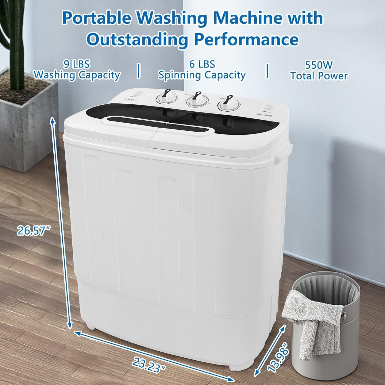 ROVSUN Portable Washing Machine, 15LBS Mini Compact Twin Tub with Washer(9lbs) & Spiner(6lbs) & Built-in Pump Draining for Apartment Camping College Dorm Home RV