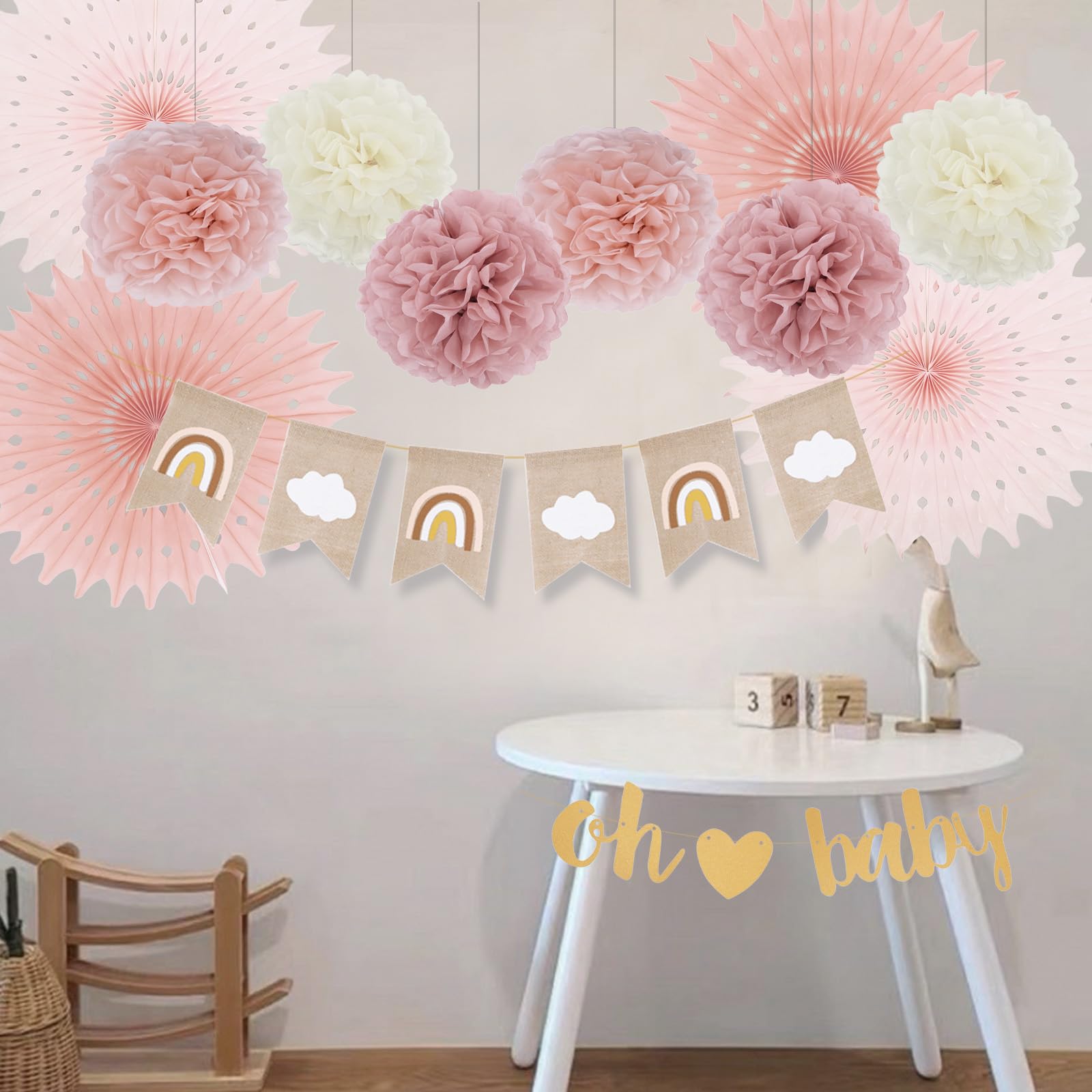 ELOPELY Boho Rainbow Baby Shower Decorations, Oh Baby Burlap Banner Tissue Pom Pom Paper Fan Dusty Rose Pink Gender Neutral Baby Shower Boy Girl Party Decoration (Pink, Beige)