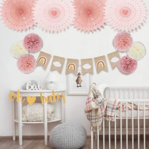 ELOPELY Boho Rainbow Baby Shower Decorations, Oh Baby Burlap Banner Tissue Pom Pom Paper Fan Dusty Rose Pink Gender Neutral Baby Shower Boy Girl Party Decoration (Pink, Beige)