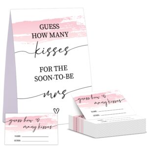 pink swash bridal shower game, guess how many kisses for the soon to be mrs, pack of 1 sign and 50 guessing cards, modern bridal shower decorations, wedding shower supplies - 05