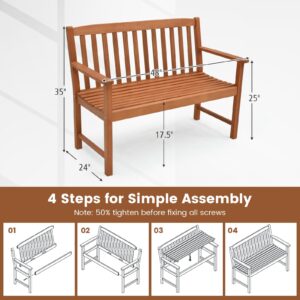 Tangkula Outdoor Garden Bench, 2-Person Eucalyptus Wood Bench with Backrest, Armrests and Slatted Seat, Patio Garden Bench for Yard, Porch, 800 lbs Capacity, Natural