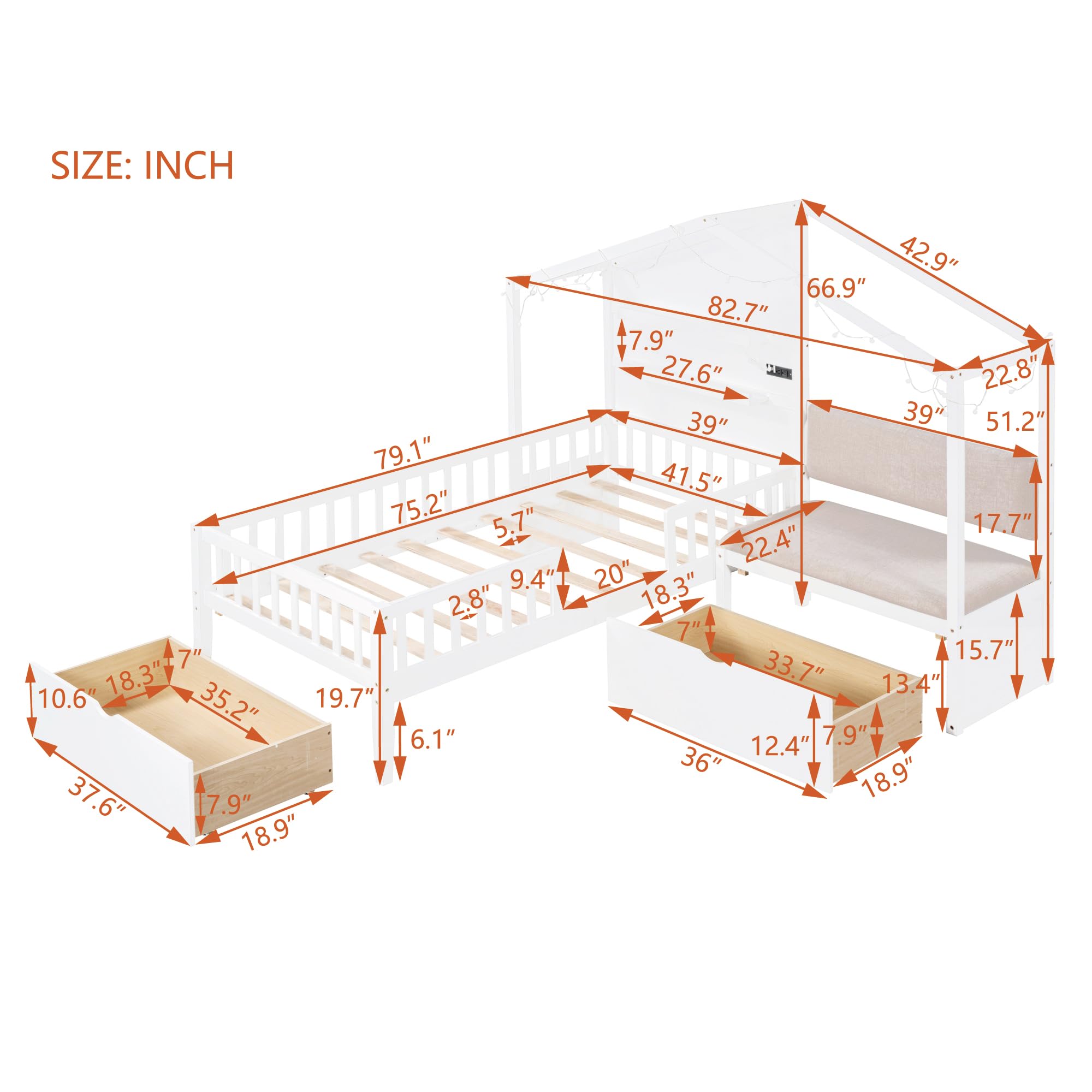 Harper & Bright Designs Kids Twin House Bed Frame with Upholstered Sofa, 2 Drawers and Charging Station, Wood Montessori Bed with LED Light and Shelves, L Shaped Storage Bed for Kids,Boys,Girls,White