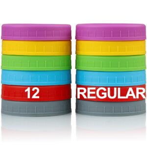 12 pack regular mouth mason jar lids for ball, kerr and more - multicolor plastic storage caps for mason jars, canning jars - leakproof, dishwasher safe & food grade