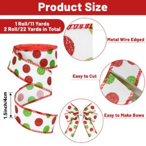 Christmas Wired Ribbon 22 Yards 1.5 Inch Christmas Red Green Dots Ribbon 2 Rolls Christmas Glitter Ribbon Christmas Tree Ribbon Polka Dots Burlap Ribbon for Christmas Decoration, DIY Crafts (White)