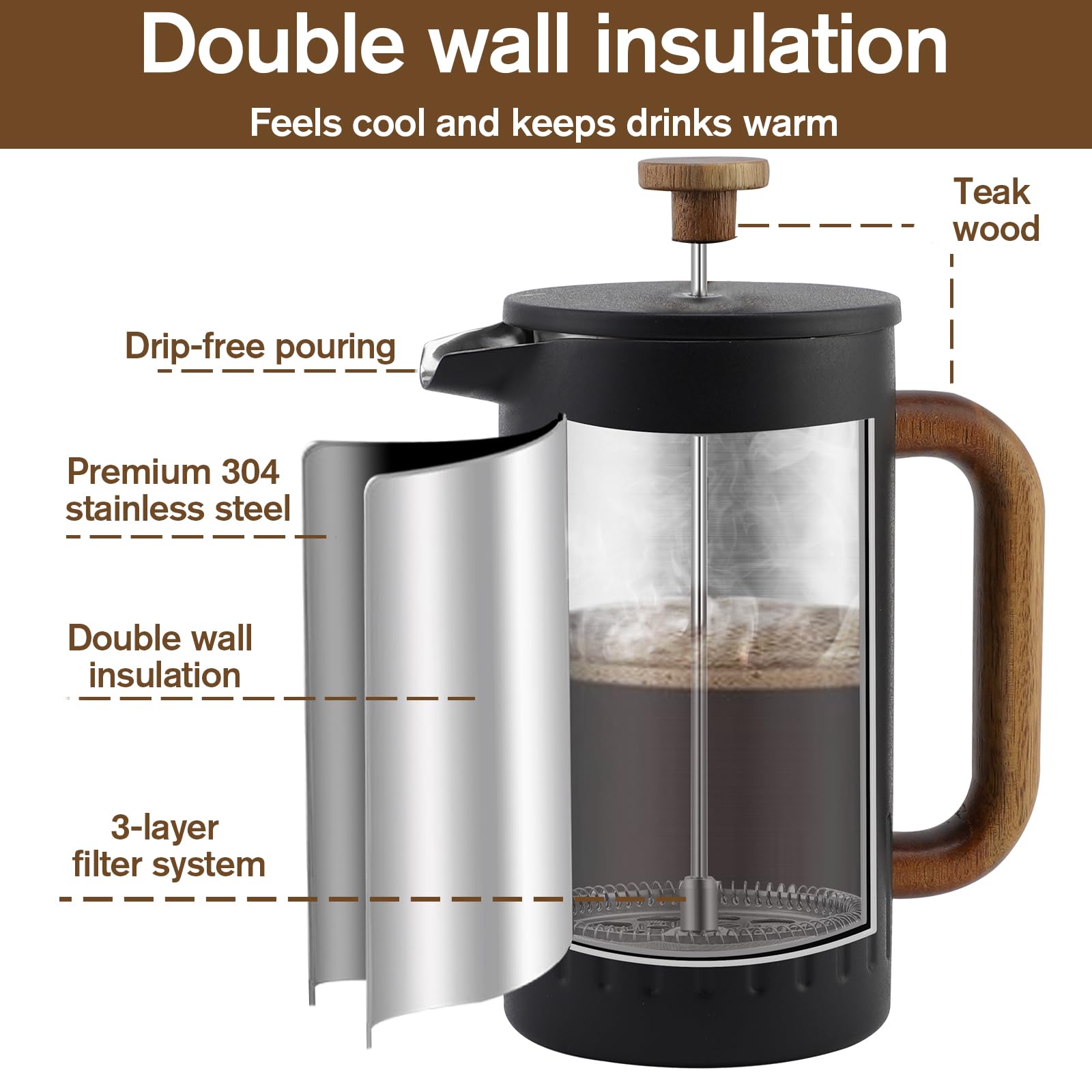 Rorence 34oz French Press Coffee Maker，Thermo Coffee Press with Real Wood Handle & Plunger Head, Double Wall Insulation & Dual-Filter Screen, incl. replaced filters & instructions, Black