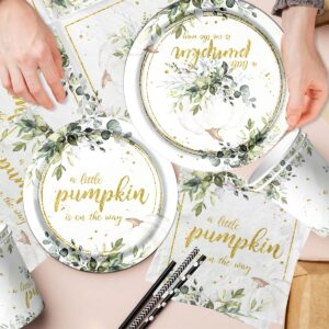 Little Pumpkin Baby Shower Decorations, A Sweet Little Pumpkin is On The Way Plates and Napkins Sage Greenery Eucalyptus Tableware Sets for Fall Baby Shower,Sage Green Birthday Supplies