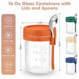 DRKIO 4 Pack Glass Overnight Oats Containers with Lids and Spoons 16 Oz Mason Jars for Overnight Oats Jars Leak Proof Oatmeal Container Meal Prep Jar for Cereal Fruit Vegetable Milk Salad Yogurt