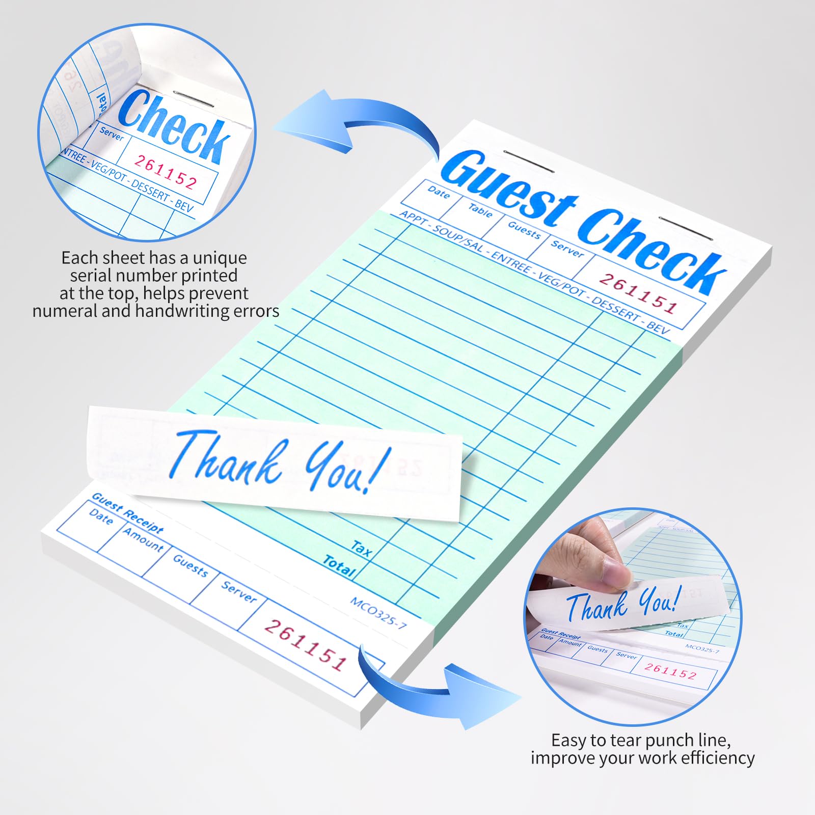 Darcvds 5 Pack Guest Check Books, Server Note Pads for Restaurant, Green Waiter Checkbook, Waitress Notepad, Food Receipt Book, Restaurant Order Pad 50 Sheets/Pack, 250 Total Tickets