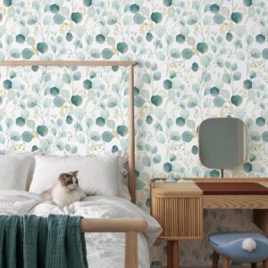 Sevalo Leaf Wallpaper Peel and Stick Wallpaper Boho Contact Paper for Cabinets Flower Floral Wallpaper Green Leaves Wallpaper Bathroom Self-Adhesive Removable Wallpaper Eucalyptus Nursery 17.3“×78.7”