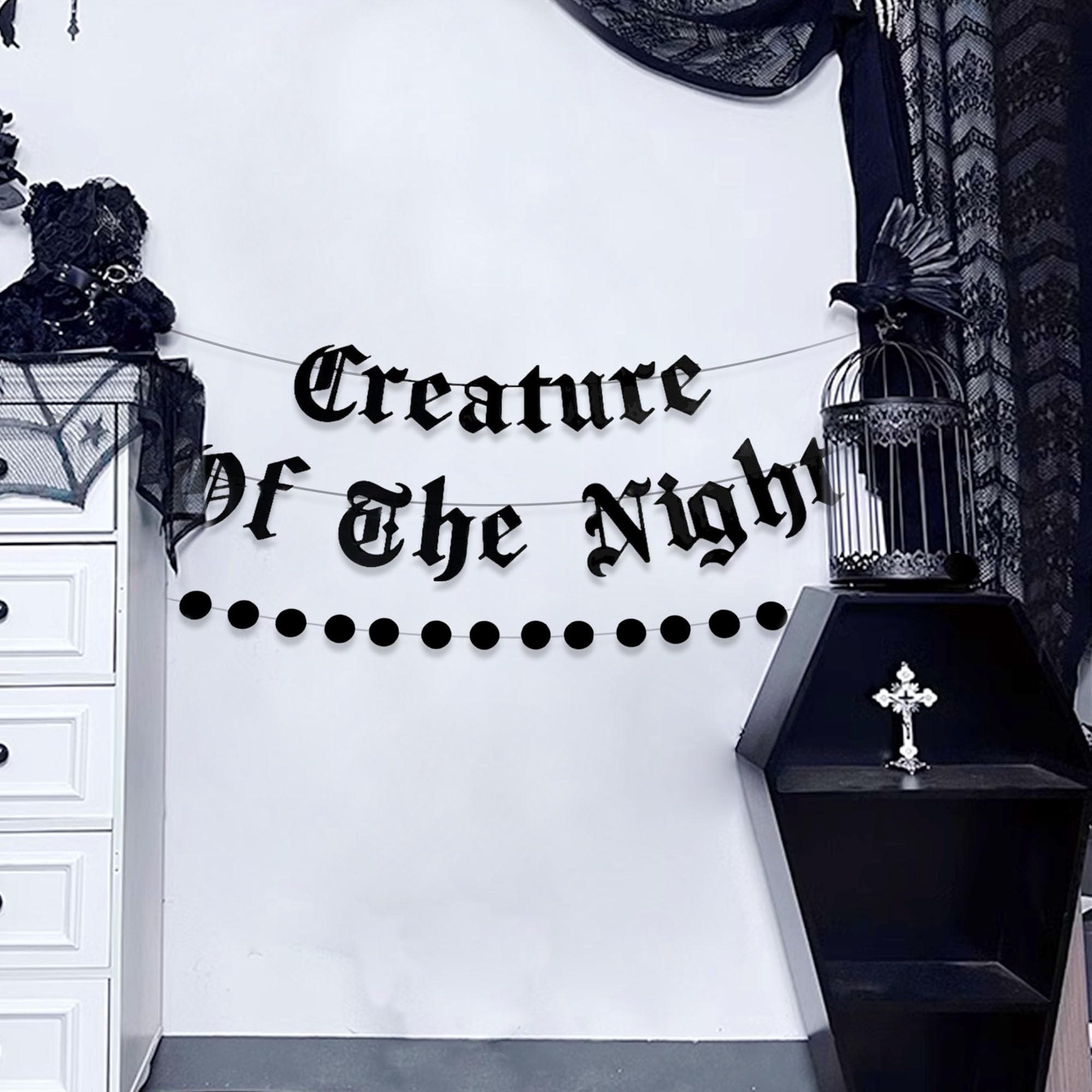 LaVenty Creature Of The Night Banner Garland Goth Banner Gothic Garland Horror Movie Night Decoration Goth Bedroom Decoration Birthday Wedding Bridal Shower Banner