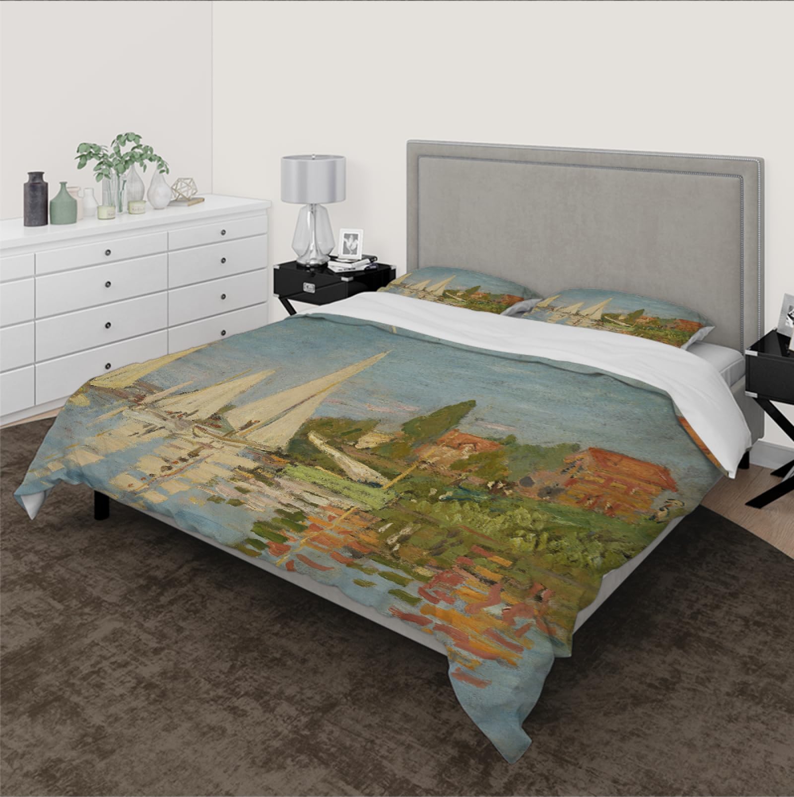 HOBBOY Claude Monet Painting Art 3 Pieces Duvet Cover Sets The Regattas at Argenteuil Printed Duvet Cover with Zipper 2 Pillowcases No Sheets Queen