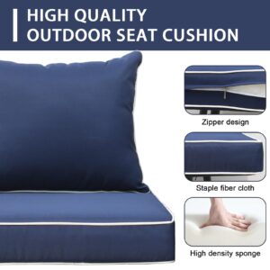 Jadoxy Outdoor Chair Deep Seating Cushions, Waterproof Patio Furniture Back & Deep Seat Cushion Set for Garden Courtyard Furniture (Blue+White Edge)