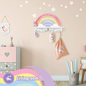 Garybank Inspirational Rainbow Shelf for Girls Bedroom Wall Decor, Girls Room Rainbow Decor, Wooden Kids Coat Rack with Hooks Wall Mount, 4 Pegs Kids Clothes Rack, Rainbow Girl Gifts for Christmas