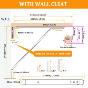 YISHELFS Heavy Duty Closet Rod Bracket, Adjustable Closet Shelf & Rod Brackets White Closet Rod Holders for 3/4" Wall Cleat, Adjustable for Rear Cleat Strip, Closet Rod Support Bracket, Set of 2