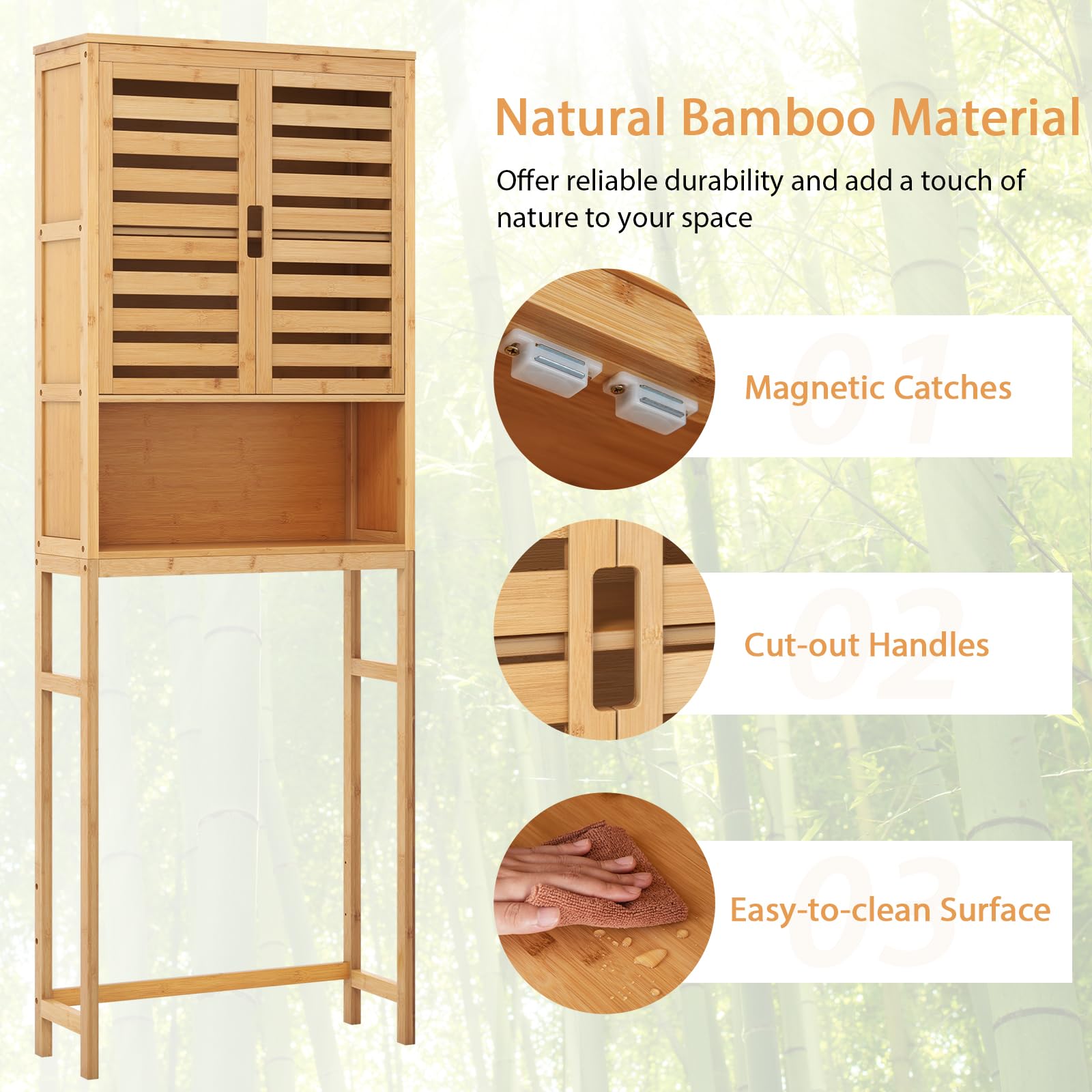 Tangkula Over The Toilet Storage Cabinet, Tall Natural Bamboo Bathroom Shelf Over Toilet with 2 Doors & Open Shelf, Freestanding Toilet Bathroom Space Saver, 24.5 x 9 x 67 Inch (Natural)