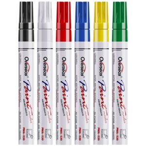 paint marker pens - 6 colors permanent oil based paint markers, medium tip, quick dry and waterproof assorted color marker for metal, wood, fabric, plastic, rock painting, stone, mugs, canvas, glass