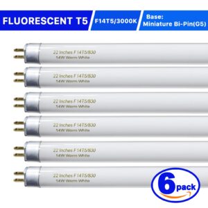 22 Inch T5 Fluorescent Light Bulb 14 Watt F14T5/WW Compatible with Sylvania Satco Philips GE Under Cabinet Lamp Light 3000K Warm White 800 Lumen G5 Base 6 Count