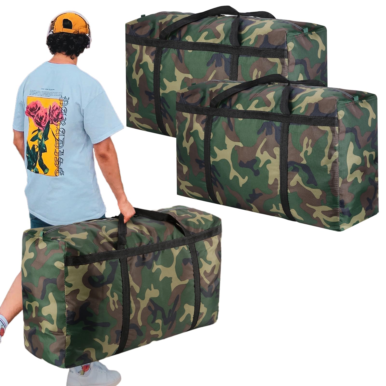 LINNTEAU 2 Packs 150L Camouflage Extra Large Moving Bags, Heavy Duty Storage Bags, 600D Oxford Cloth Wrap Around Handles Double Zipper, Waterproof Reusable Convenient (150L - 2 Packs)