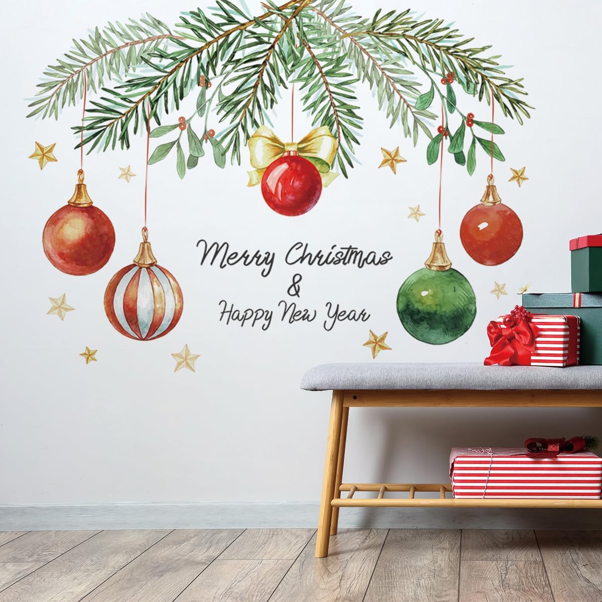 30.71 x 12.12 Inch Merry Christmas Wall Decals Happy New Year Wall Stickers Removable Christmas Fruit Light Ball Wall Decals Decor for Xmas Holiday Party Supplies Home Wall Decor