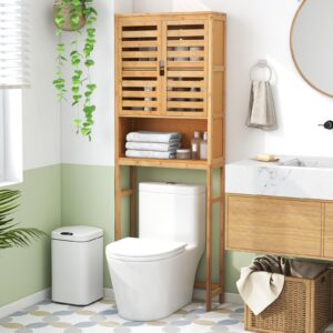 tangkula over the toilet storage cabinet, tall natural bamboo bathroom shelf over toilet with 2 doors & open shelf, freestanding toilet bathroom space saver, 24.5 x 9 x 67 inch (natural)