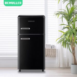 DEMULLER 3.5 Cu.ft Black Mini Fridge 2 Door Compact Refrigerator with Freezer, Small Refrigerator with 7 Adjustable Temperature Control, 2 Removable Glass Shelves and 1 Crisper Drawer