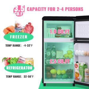 DEMULLER 3.5 Cu.ft Black Mini Fridge 2 Door Compact Refrigerator with Freezer, Small Refrigerator with 7 Adjustable Temperature Control, 2 Removable Glass Shelves and 1 Crisper Drawer