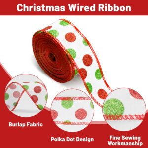 Christmas Wired Ribbon 22 Yards 1.5 Inch Christmas Red Green Dots Ribbon 2 Rolls Christmas Glitter Ribbon Christmas Tree Ribbon Polka Dots Burlap Ribbon for Christmas Decoration, DIY Crafts (White)