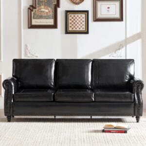 willove 79'' faux leather sofa, classic 3 seater leather couch with rolled arm and nailhead trim, mid-century modern couch for living room, apartment, easy to install, black