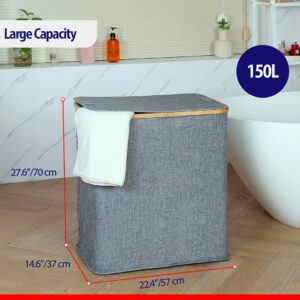 AM The America Store - Double Laundry Hamper with Lid, Divided Laundry Hamper with Removable Bags, 2 Section Dirty Clothes Basket with Handles for Bathroom, Bedroom & Laundry Room, 150L (GREY)