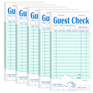 darcvds 5 pack guest check books, server note pads for restaurant, green waiter checkbook, waitress notepad, food receipt book, restaurant order pad 50 sheets/pack, 250 total tickets