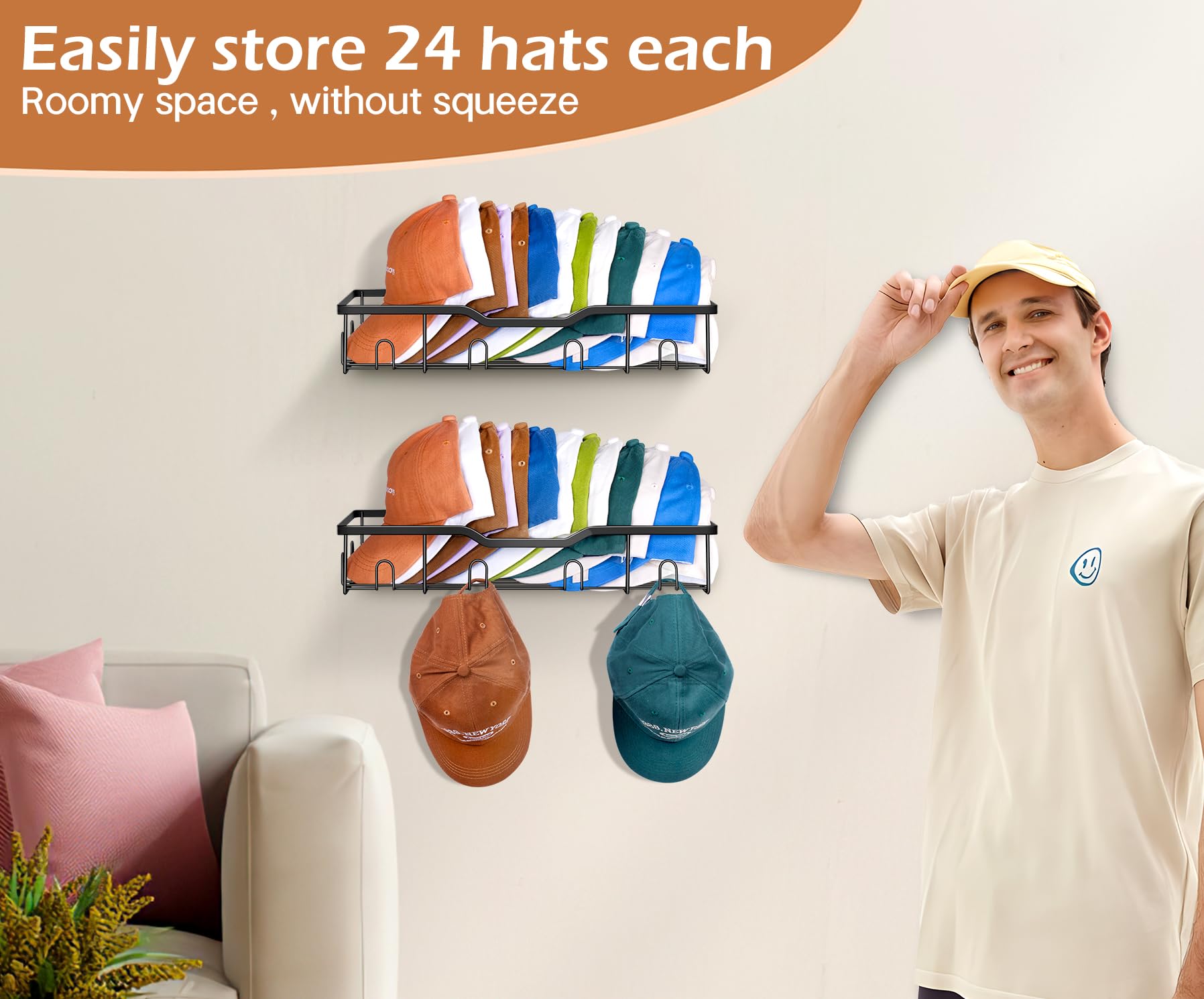 KEETDY Metal Hat Racks for Baseball Caps Wall Hat Organizer Fit 20 Caps Holder, 2 Packs Sturdy Wall Mounted Hat Storage Organizer, Black, Patent: US D1,041,201 S