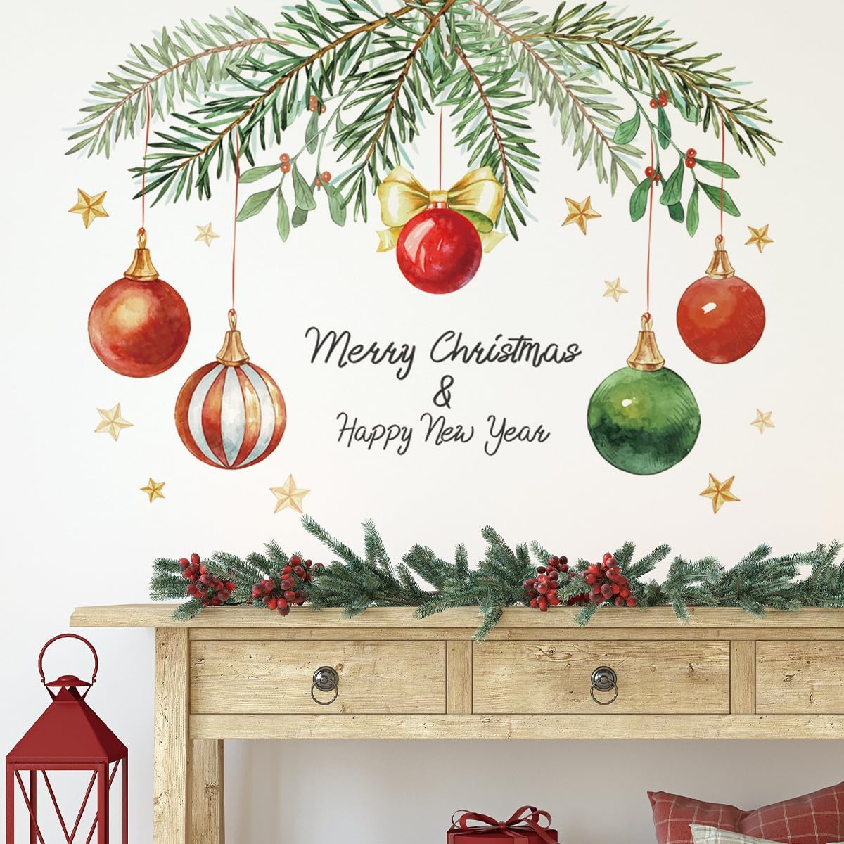 30.71 x 12.12 Inch Merry Christmas Wall Decals Happy New Year Wall Stickers Removable Christmas Fruit Light Ball Wall Decals Decor for Xmas Holiday Party Supplies Home Wall Decor