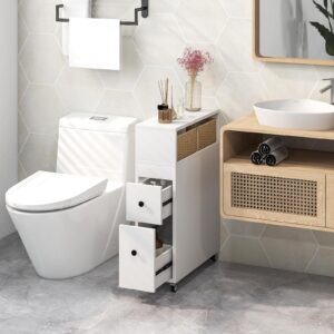 Giantex Small Bathroom Storage Cabinet - Slim Bathroom Organizer with Wheels, 2 Drawers, 2 Baskets, Brush Holder, Over The Toilet Storage Cabinet for Skinny Corner, Narrow Spaces Bathroom Storage