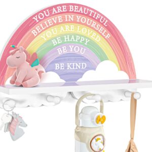 Garybank Inspirational Rainbow Shelf for Girls Bedroom Wall Decor, Girls Room Rainbow Decor, Wooden Kids Coat Rack with Hooks Wall Mount, 4 Pegs Kids Clothes Rack, Rainbow Girl Gifts for Christmas