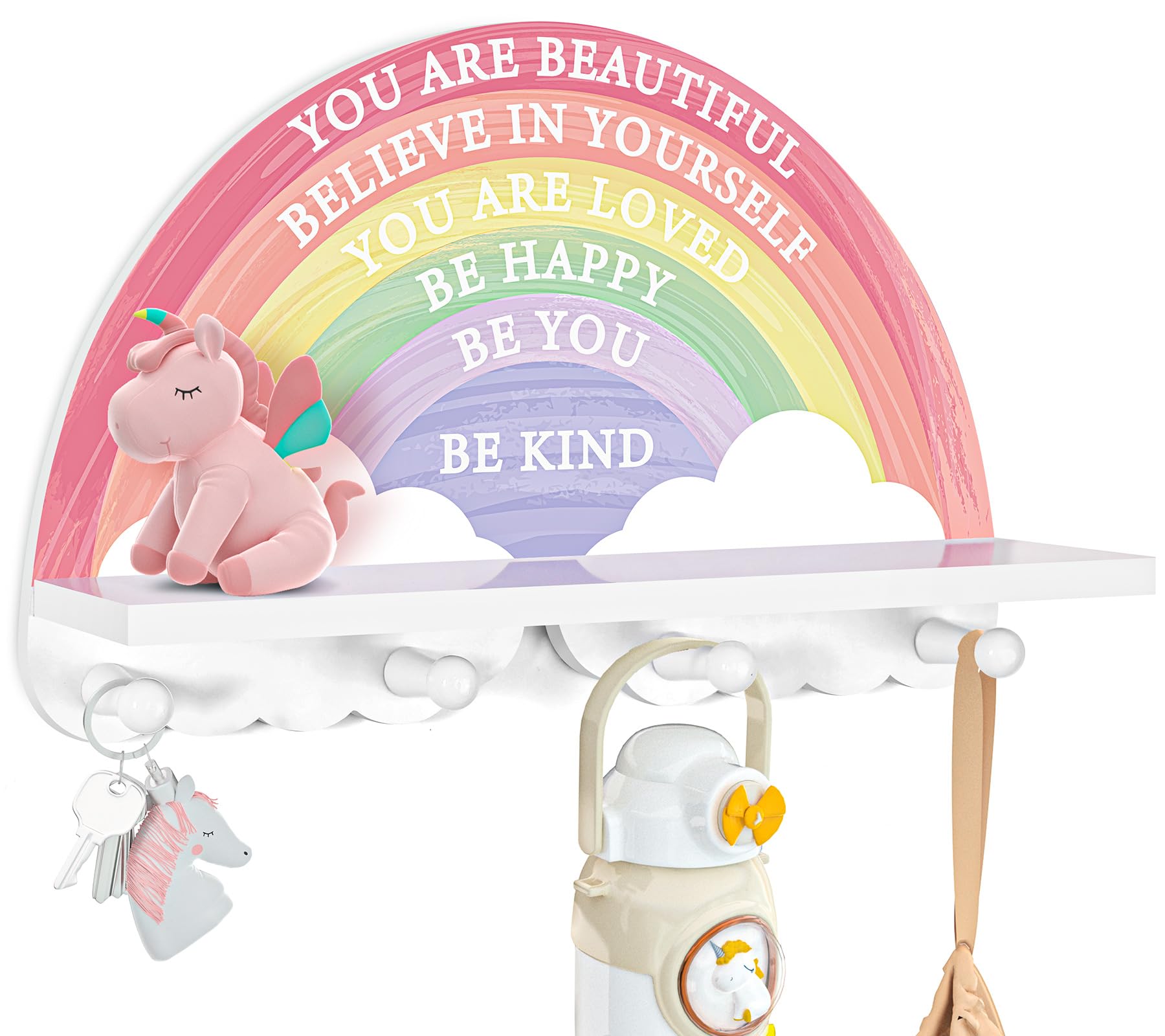 Garybank Inspirational Rainbow Shelf for Girls Bedroom Wall Decor, Girls Room Rainbow Decor, Wooden Kids Coat Rack with Hooks Wall Mount, 4 Pegs Kids Clothes Rack, Rainbow Girl Gifts for Christmas