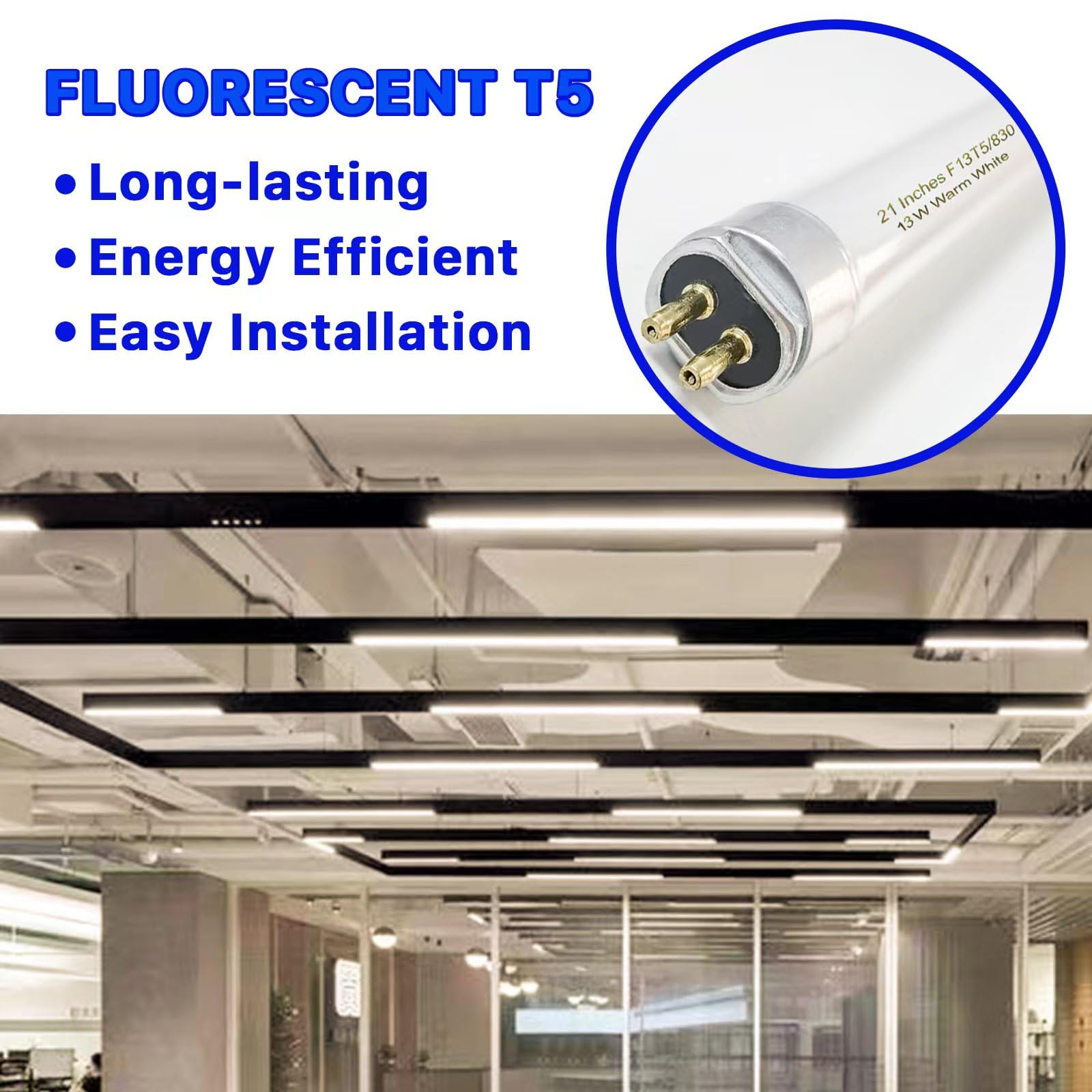 21 Inch T5 Fluorescent Light Bulb 13 Watt F13T5/WW Compatible with Sylvania Satco Philips GE Under Cabinet Tube Light Warm White 800 Lumen G5 Base 8 Count