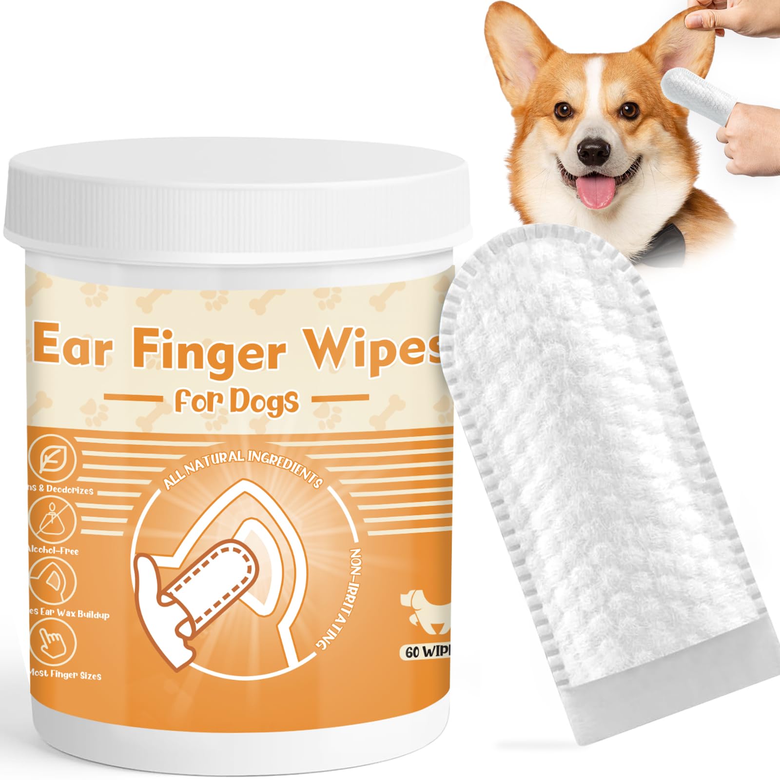 Erigathe Dog Ear Wipes 60 Counts, Ear Finger Wipes for Dog & Cat, Dog Ear Wipes Reduce Earwax Buildup, Ear Wipes for Dogs Soothing Odor, Dog Supplies Ear Cleaner Wipes Remove Dirt & Non-Irritating