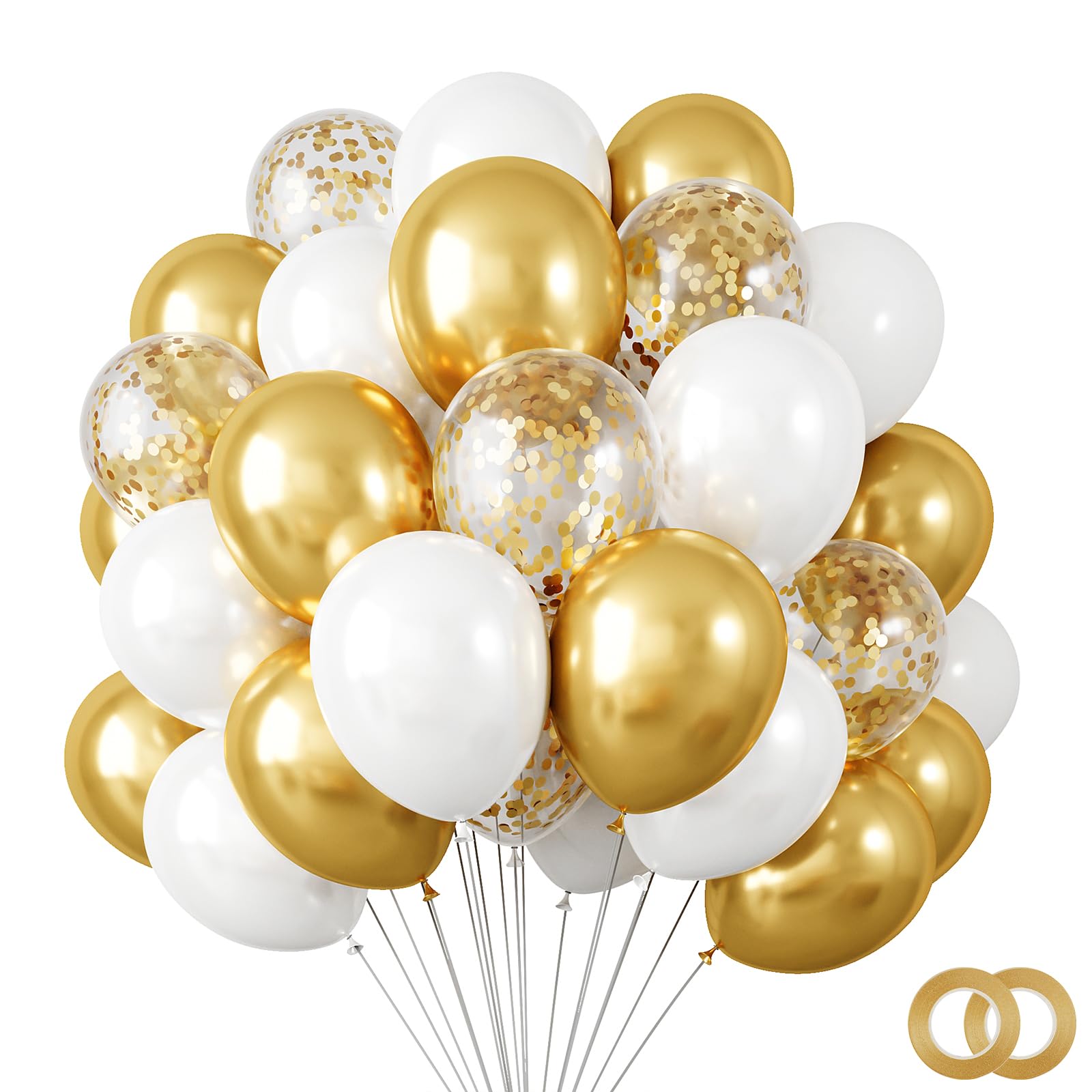 RUBFAC 120pcs 12 Inches White Gold Balloon Kit, Metallic Chrome Gold and Confetti Balloons for Birthday Wedding Engagement Bridal Shower Decorations