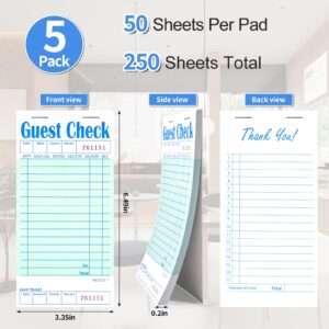 Darcvds 5 Pack Guest Check Books, Server Note Pads for Restaurant, Green Waiter Checkbook, Waitress Notepad, Food Receipt Book, Restaurant Order Pad 50 Sheets/Pack, 250 Total Tickets