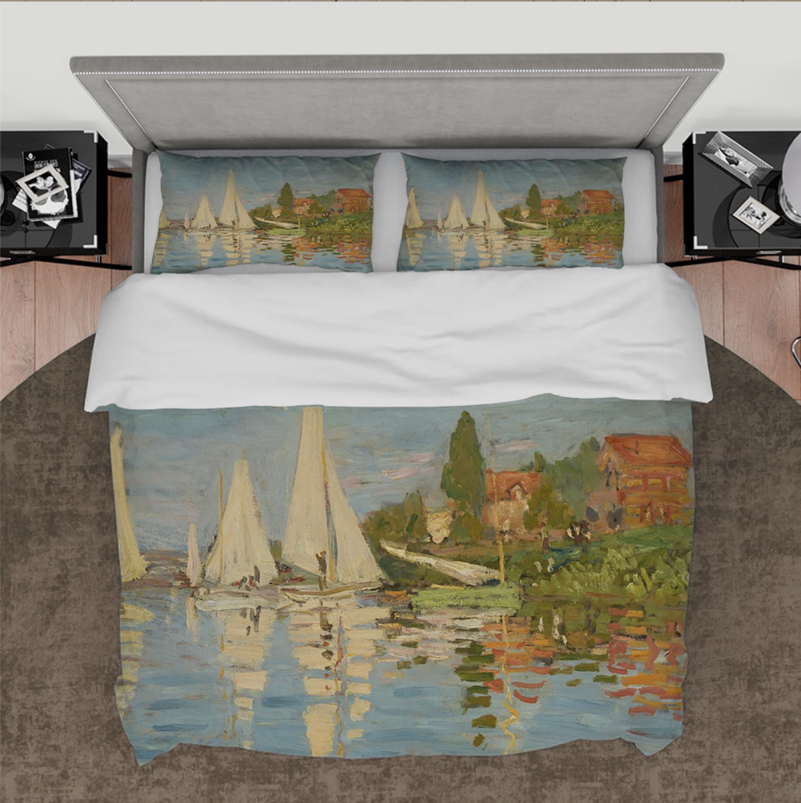 HOBBOY Claude Monet Painting Art 3 Pieces Duvet Cover Sets The Regattas at Argenteuil Printed Duvet Cover with Zipper 2 Pillowcases No Sheets Queen