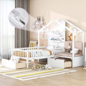 Harper & Bright Designs Kids Twin House Bed Frame with Upholstered Sofa, 2 Drawers and Charging Station, Wood Montessori Bed with LED Light and Shelves, L Shaped Storage Bed for Kids,Boys,Girls,White