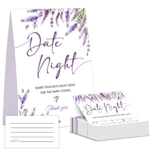 lavender purple date night game, date night ideas sign with 50 cards, bridal shower game, modern bridal shower decorations, wedding date night advice - 09